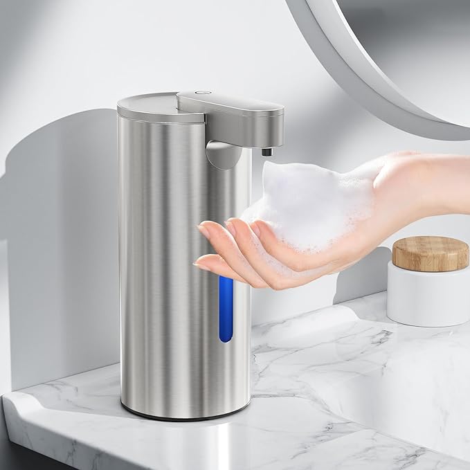 Fantictas Automatic Foaming Soap Dispenser Touchless, Stainless Steel 11.5 oz 3 Levels Adjustable Hand Soap Dispenser with Rechargeable Sensor Pump for Kitchen & Bathroom Liquid Soap