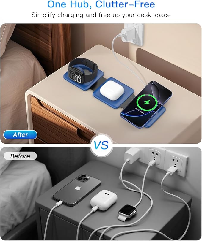Iseyyox Charging Station for Apple Devices - 3 in 1 Magnetic Foldable Wireless Charger Dock - Travel Charging Pad for MagSafe iPhone 17 16 15 14 13 12 Pro Max Plus Watch & Airpods