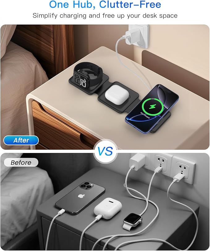Magnetic Wireless Charger for iPhone: Fodable 3 in 1 Charging Station for Multiple Apple Devices - Travel Charging Pad Dock for Apple Watch iPhone 17 16 15 14 13 12 Pro Max Plus & Airpod
