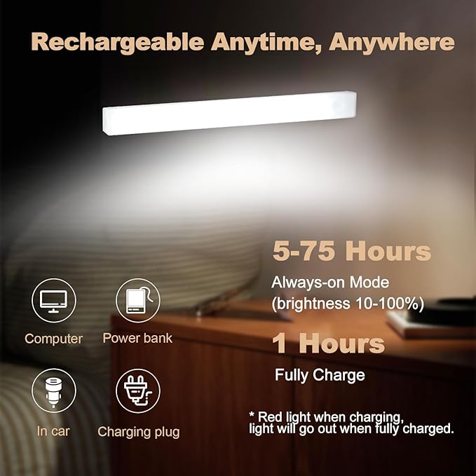 6 Pack Motion Sensor Under Cabinet Light, Magnetic Rechargeable 2 Color Under Counter Light, 8 Inch LED Closet Light for Stair Bedroom Cupboard