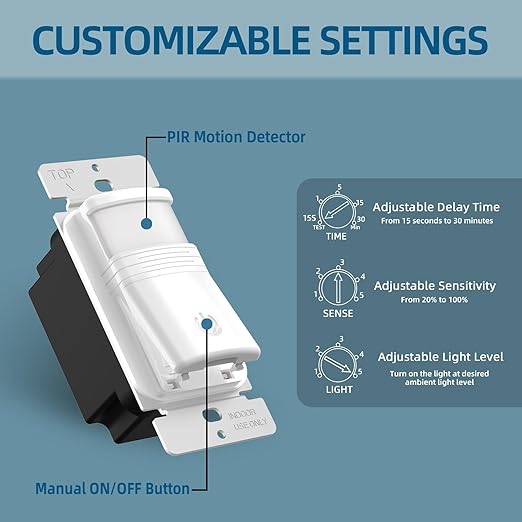 ECOELER Motion Detector Light Switch, PIR Infrared Sensor Switch with Sensitivity & Delay Adjustable, OCC & VAC Selectable, Single Pole, No Neutral Wire, UL Listed & FCC Listed, White, 2 Pack