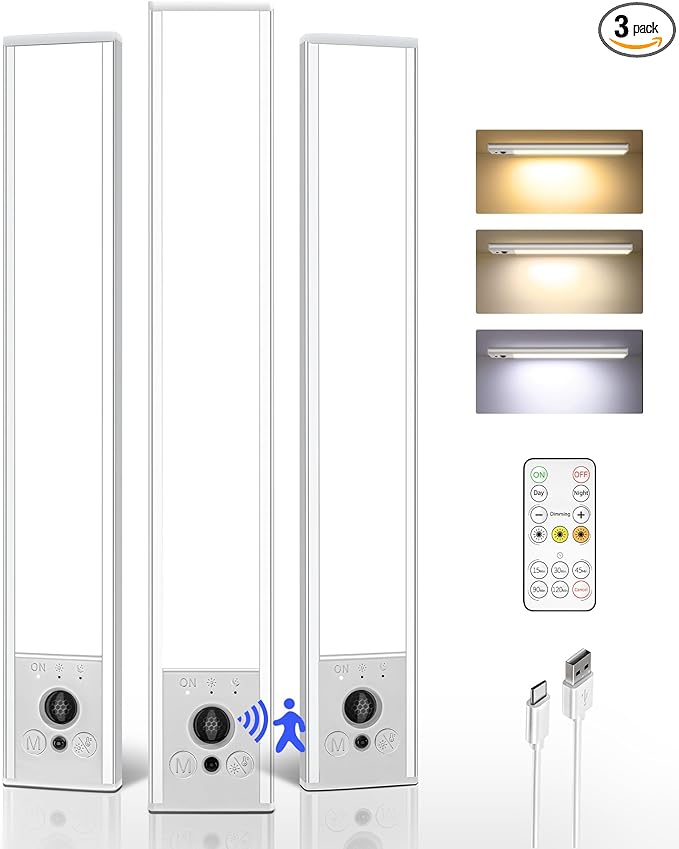 EZVALO 3-Pack Under Cabinet Lighting, 2400mAh Rechargeable Motion Sensor Light, 10inch Magnetic Closet Lights with Dimmable & 3 Color Temps, Wireless Motion Activated Lights with Remote for Kitchen