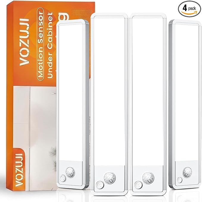 Under Cabinet Rechargeable Lighting: 8 Inch Motion Sensor Dimmable Lights Indoor - Battery Operated Lights - Wireless Closet Light Magnetic Led Light for Kitchen Home Bathroom Counter 4 Pack