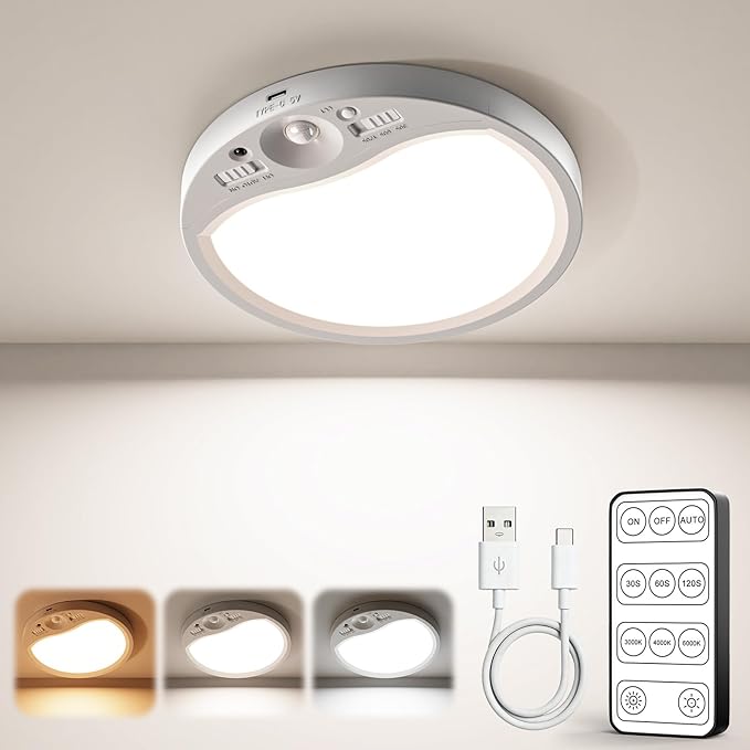 TANBABY Rechargeable Motion Sensor Ceiling Light Indoor with Remote, 3-Color Wireless Battery Operated Lights, 7'' Slim Ceiling Light Adjustable Motion Timer 30s/60s/120s for Closet Shower Hallway