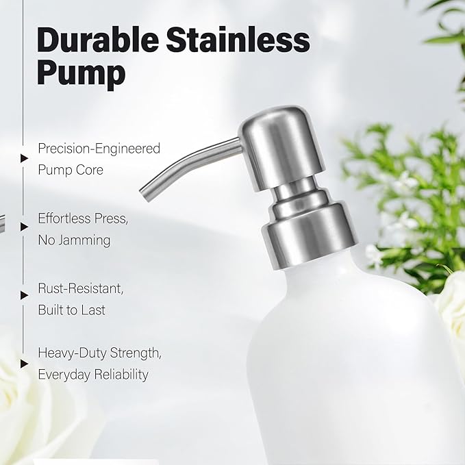 Prus Waso White Soap Dispenser for Kitchen Sink, Dish and Hand Soap Dispenser with Silver Stainless Steel Pump, Perfect for Kitchen Decor and Accessories. (Silver & White)