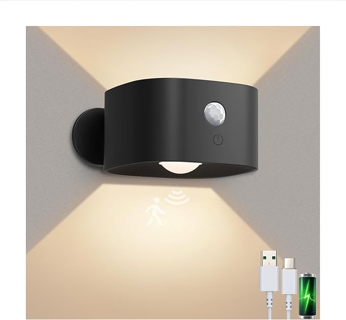 Deyagoo Rechargeable Motion Sensor Wall Light, Wireless Wall Sconce - Magnetic Base, Dimmable 3000K Warm White, 3 Modes (ON/AUTO/Off) for Closet, Stairs, Living Room - Indoor LED Wall Lamp (Black)