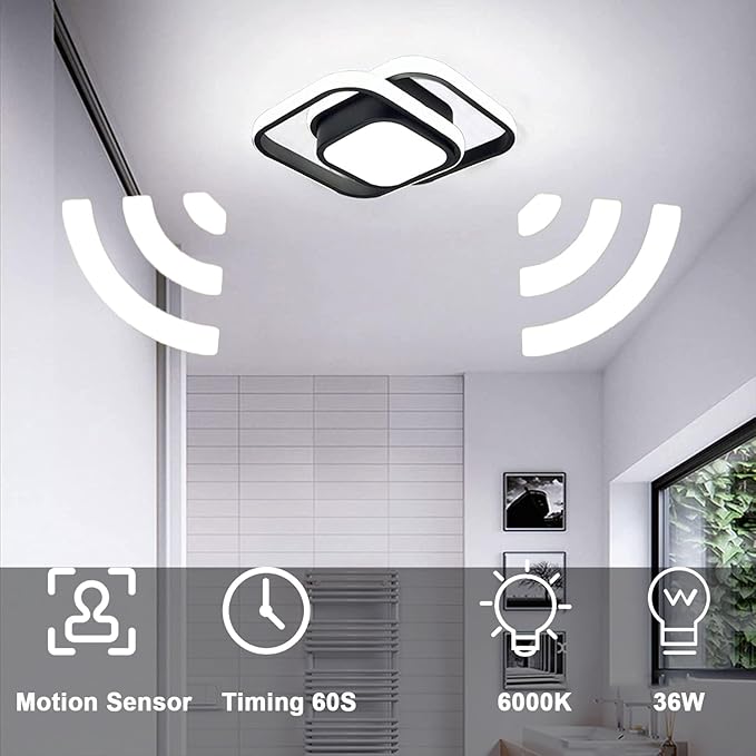 Motion Sensor LED Ceiling Light Indoor, 36W Cool White Mount Motion Activated Light Fixture Modern Flush Mount Ceiling lamp for Closet Laundry Bathroom Hallway Stair Porch Basement. (Square)