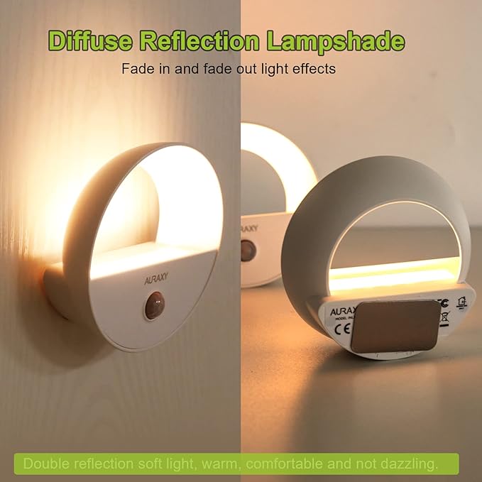 AURAXY Rechargeable Battery Night Light, Motion Sensor Night Light, LED Warm White Magnetic Stick-on Motion Sensored Hallway Light, with Dusk to Dawn Sensor for Stairs, Wall, Closet, Cabinet (3 Pack)
