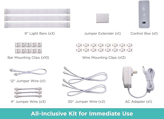 PureOptics LED Under Cabinet Light Kit, Motion Sensor, Dimmable, Linkable, 3 Color Settings, Tool-Free, for Kitchen, Cabinets and Closets, (3) 9" Bars