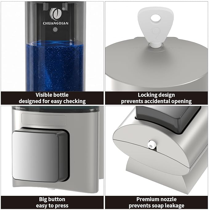 Manual Soap Dispenser Wall Mount, 6.76oz/200ml Liquid Soap Dispenser for Kitchen, No Drill Bathroom Shampoo and Conditioner Dispenser, Refillable Hand Sanitizer Dispenser for Home & Office (Sliver)