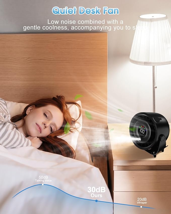 Ouddy Mode Small Desk Fan, 4000mAh Portable Misting Quiet Table Fan with Digital Display, Wall-Mouted Design USB Rechargeable Desk Fans for Office Bedroom Home Travel Outdoor Black