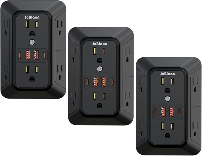 JcBlaon 3 Pack Outlet Extender Surge Protector, 6 Outlet Splitter with 4 USB Ports (2 USB C),1050J 3-Sided Multi Plug Wall Outlet, USB Wall Charger for Home Office Kitchen Travel（Black）