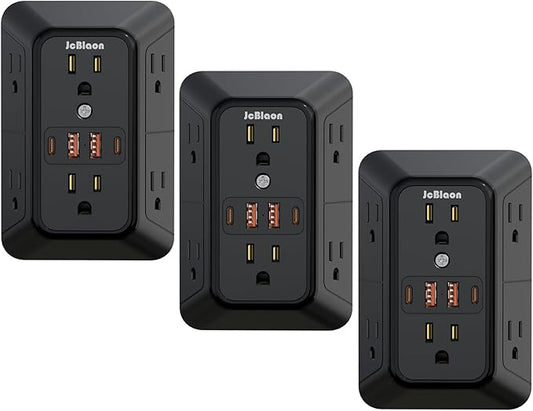 JcBlaon 3 Pack Outlet Extender Surge Protector, 6 Outlet Splitter with 4 USB Ports (2 USB C),1050J 3-Sided Multi Plug Wall Outlet, USB Wall Charger for Home Office Kitchen Travel（Black）