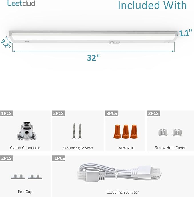 Leetdud Under Cabinet Lighting Motion Sensor Hardwired, 32 Inch 16W Dimmable, 5 CCT 2700/3000/3500/4000/5000K, Eyes Care Design Linkable Under Counter Lights for Kitchen, Sink, ETL Listed, White