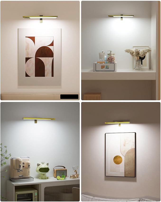 12" Picture Lights for Wall, Motion Sensor Rechargable Picture Light , Magnetic LED Art Painting Light with Timer, Remote & Dimmable Wall Lighting for Gallery, Paintings, Portraits, Bedroom (Gold)
