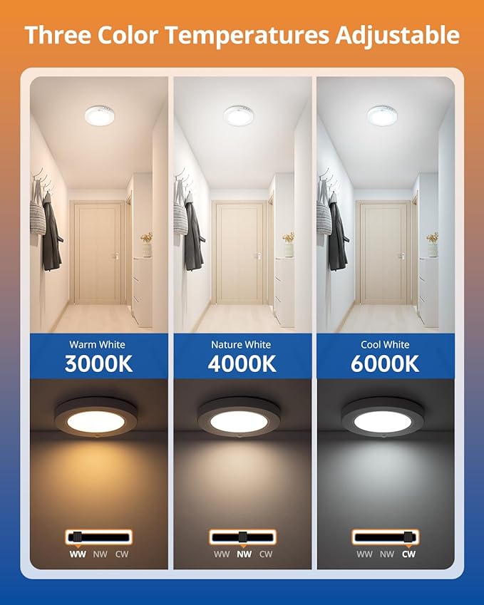 wowatt 2Pcs Motion Sensor Ceiling Light Wired, 3000K/4000K/6000K Selectable Motion Closet Light, 15W 1800LM Motion Sensor Light Indoor for Hallway, Stairs, Storage(7.48Inch)
