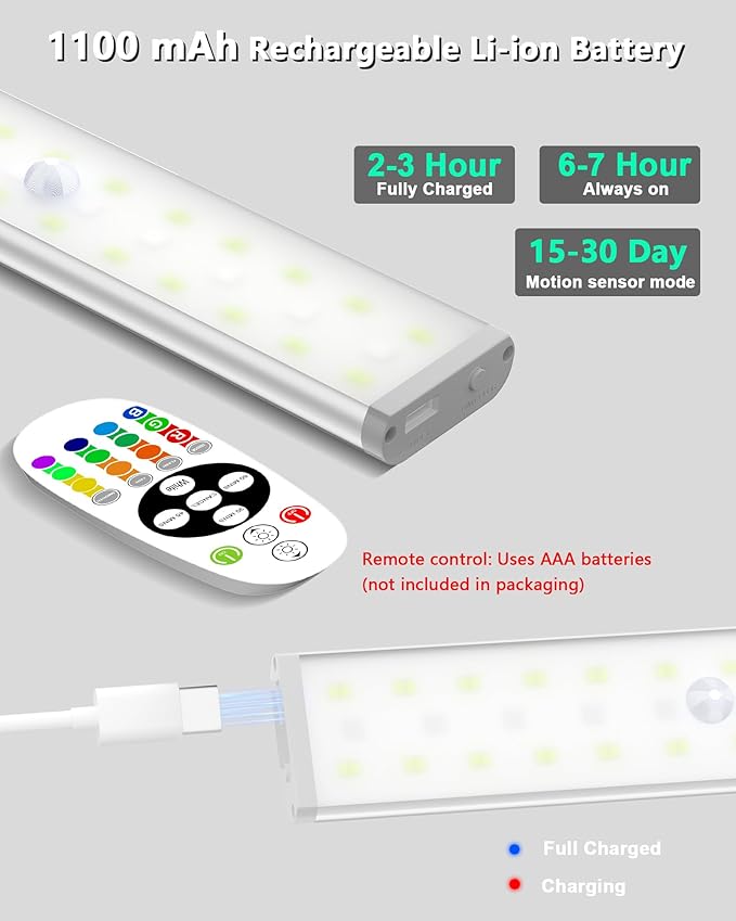 SZOKLED Motion Sensor Night Lights, 58-LED RGB Under Cabinet Lighting Wireless, 1100mAh Rechargeable Under Cabinet Lights Dimmable Closet Lights for Step, Stair, Kitchen,Hallway (2 Pack)