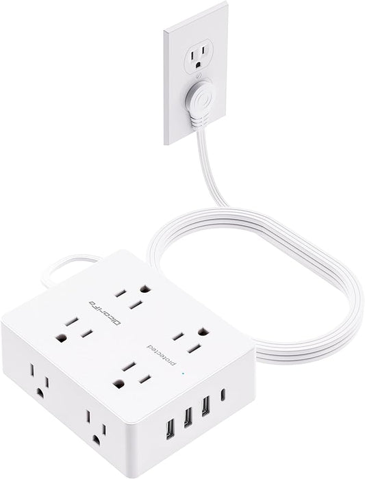 Olcorife Flat Plug Power Strip with 10 FT Extension Cord, 8 Outlets 4 USB Ports(1 USB C), 3 Sided Outlet Extender for Home Office Travel Dorm Room Essentials, White