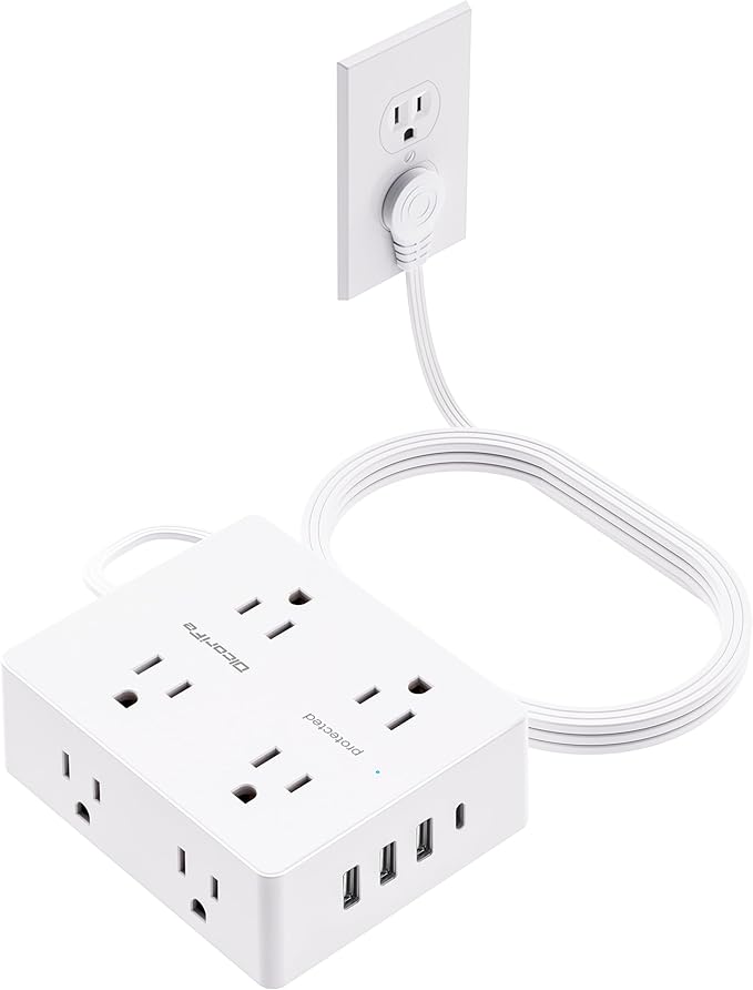 Olcorife Flat Plug Power Strip with 5 FT Extension Cord, 8 Outlets 4 USB Ports(1 USB C), 3 Sided Outlet Extender for Home Office Travel Dorm Room Essentials, White