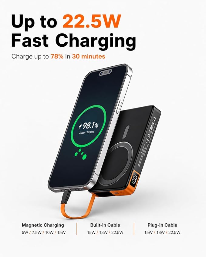 3-in-1 Magnetic Portable Charger with Stand, for Magsafe Power Bank Fast Charging, 10000mAh Wireless Battery Pack with Built in USB C Cable, Powerbank for iPhone17/16/15/14/13/12 Travel & Daily Use