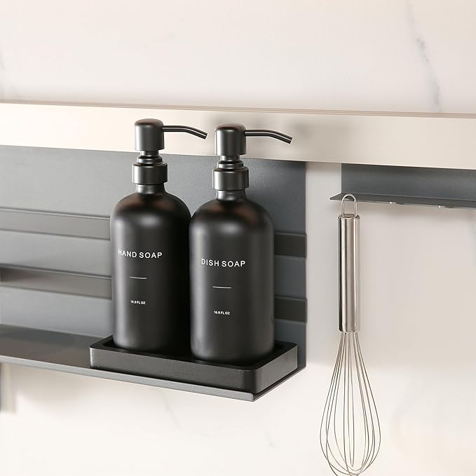 Prus Waso Matte Black Soap Dispenser Set, Kitchen Soap Dispenser Set with Black Stainless Steel Pump, Perfect for Kitchen Decor and Accessories. (Black)