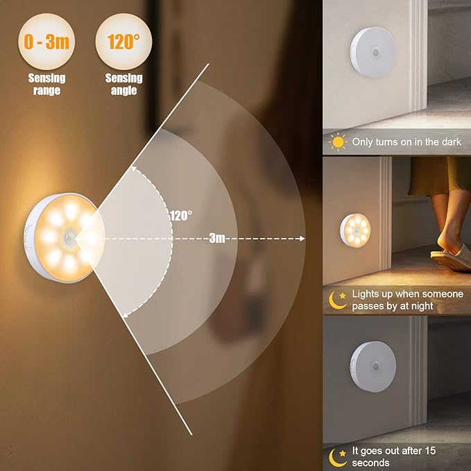 3 Pack Motion Sensor Light, 8 LEDs Rechargeable Night Light, with USB Cable & Magnetic Patch, 3 Modes, Cordless Safe Wall Light for Kitchen, Bookshelves, Drawers - 3000K Warm White