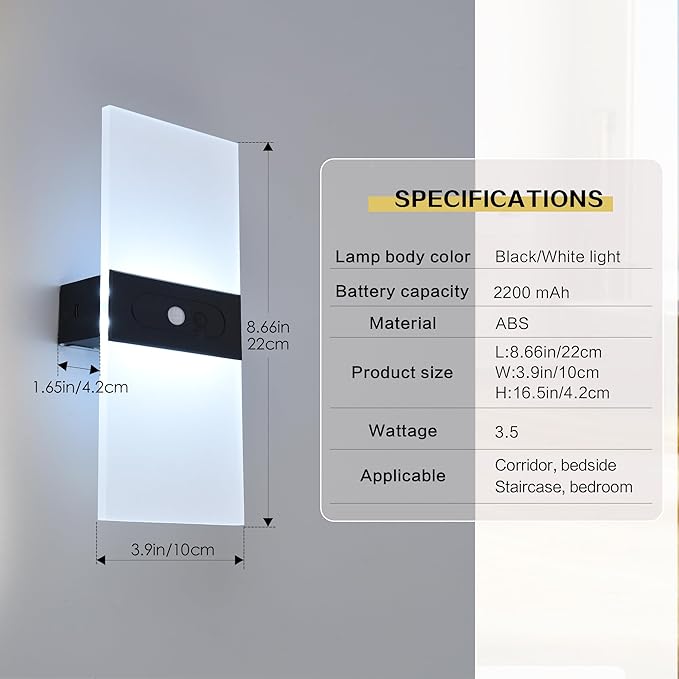 Wall Sconces 2Pack,2200mah Battery Operated Wireless Wall Lamp Rechargeable, Motion Sensor Dimmable Up and Down Stair Light with Button Switch for Bedroom Hallway