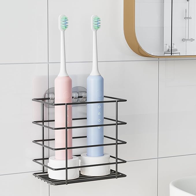 Shower Toothbrush Holder Wall Mounted, Adhesive Toothpaste Organizer for Bathroom Wall, Hanging Razor Tooth Brush Holder Caddy with Drainage, Black RV Camper Bathroom Organizers and Storage