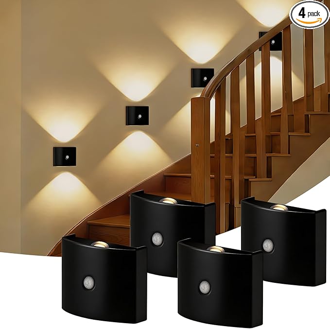 2 Pack Motion Sensor Wall Light, Rechargeable Wall Sconce with 3 Color Temperatures and Brightness Adjustable, Wireless Magnetic Mount for Bedroom, Stair, Hallway, Closet (4, Black)