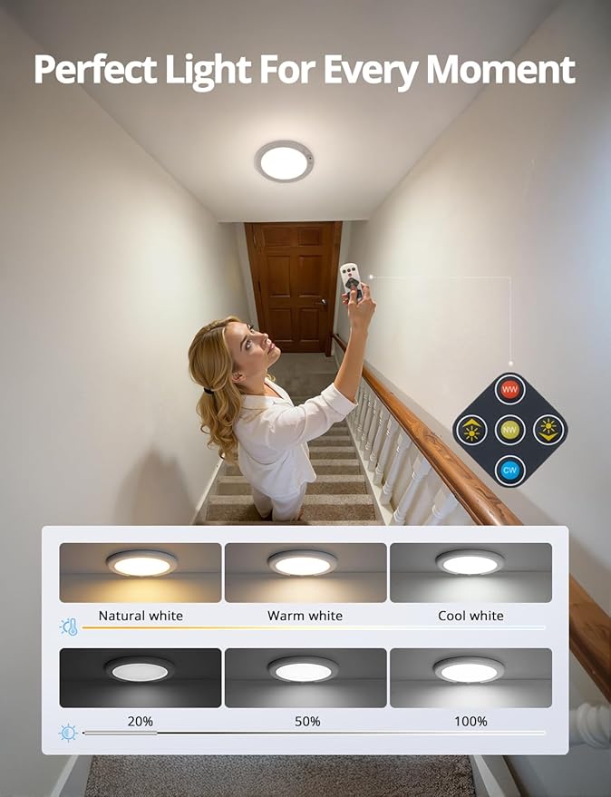 Combuh Battery Operated Shower Light Waterproof Inside, Rechargeable Motion Sensor Ceiling Lights Battery Powered with Remote, No Wiring Magnetic Cordless LED Overhead Lighting for Closet Hallway