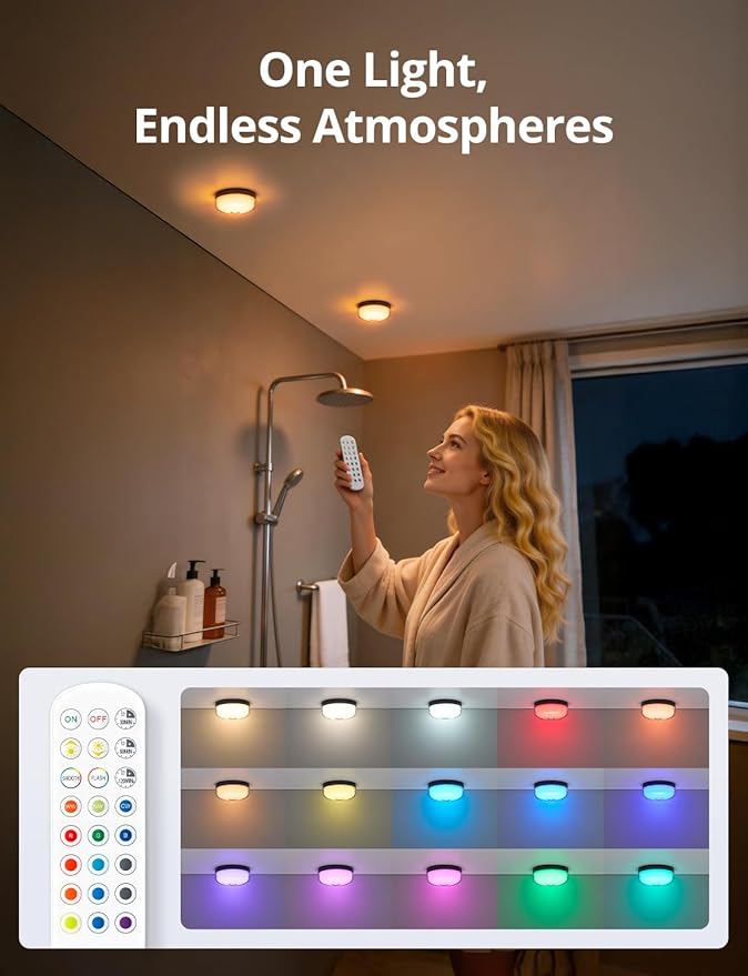 Combuh Rechargeable RGB Ambient Shower Light Waterproof Inside, 15 Color Changing Mood Lighting for Bathroom Bathtub IP65 Waterproof Cordless Battery Operated Stick on Lamp with Remote(Black 2 Pack)
