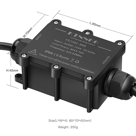 KTNNKG 20-30 amp Waterproof Remote Control Power Switch with Long Range Remote,Outdoor Weatherproof Smart Outlet,ac 90-250V