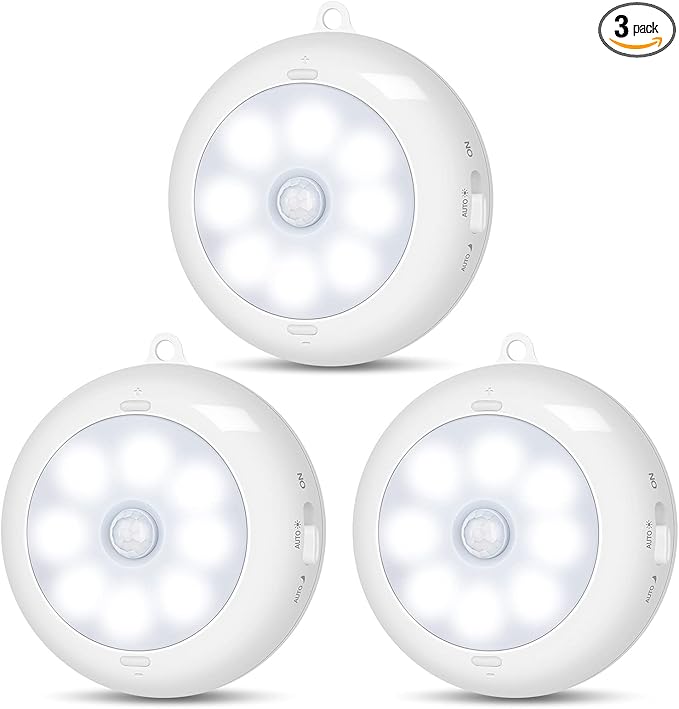 Reoshine Motion Sensor Light Indoor, LED Night Light Closet Lights, Under Cabinet Lights, AA Battery Operated Stick on Wireless Puck Lights for Wall, Step, Stair, Dimmable (3 Pack)