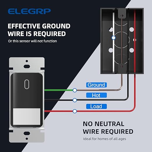 ELEGRP Occupancy Motion Sensor Light Switch, PIR Infrared Motion Activated Wall Switch, No Neutral Wire, Single Pole for CFL/LED/Incandescent Bulb, Wall Plate Included, UL Listed (6 Pack, Matte Black)