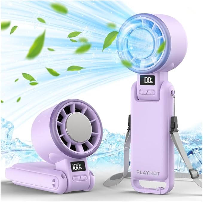 PlayHot Portable Handheld Turbo Fan with Ice Cooling, Rechargeable Personal Fan, Up tp 12Hrs Cooling, 5 Speed 25550RPM Powerful Portable Fan for Travel, Outdoor, Camping, Hiking (Purple)