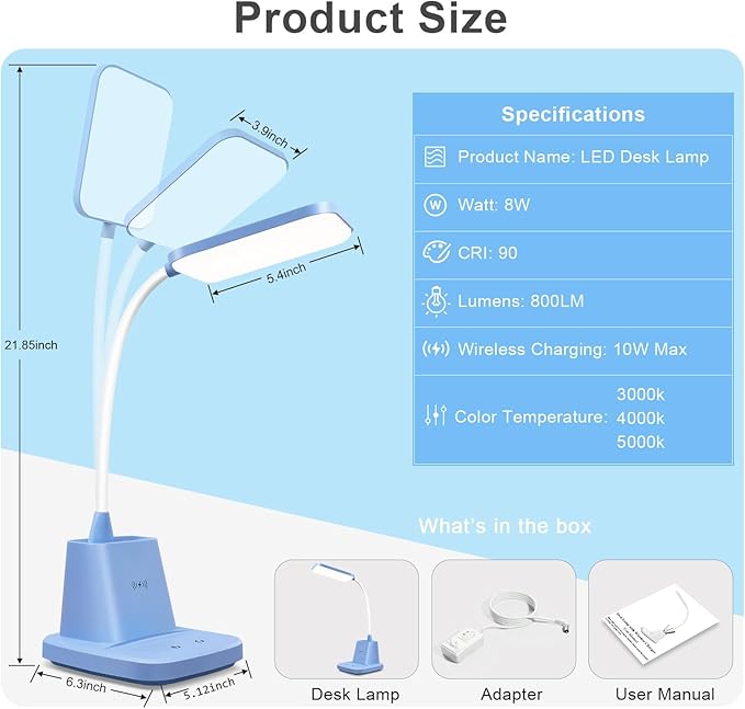 Small Desk Lamp, Blue Desk Lamp with Pen Holder, Wireless Charger LED Desk Lamps for Home Office, 800LM Flexible Arm 3 Modes Dimmable Touch Cute Desk Lamps, Study Lamps for College Dorm Room
