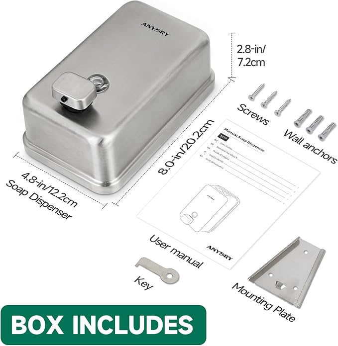 anydry Commercial Wall Mounted Soap Dispenser 37oz 1100ml Large Capacity Brushed Stainless Steel Manual Dispenser for High Traffic Restrooms