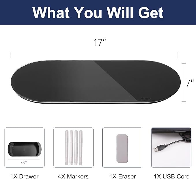 TSJ OFFICE Glass Desktop Whiteboard - 17 X 7 Inches Small Dry Erase Board with Blue Light, Glass White Board Surface Notepad with 1 Drawer, Desk Organizers for Office, Home, School Supplies (Black)