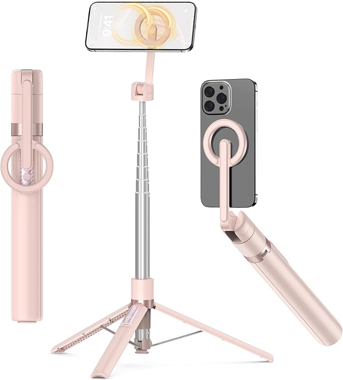 TONEOF 68" Magnetic Selfie Stick Tripod with Aluminum Strong Magnetic Holder for Magsafe, 360° Rotatable Travel Phone Tripod Stand with Metal Ring & Rechargeable Remote for iPhone/Android（Pink）