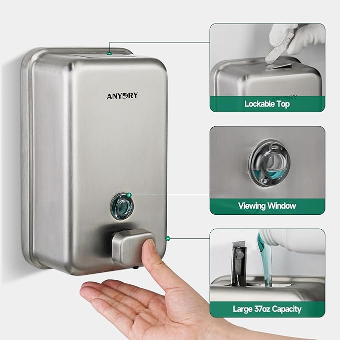 anydry Commercial Wall Mounted Soap Dispenser 37oz 1100ml Large Capacity Brushed Stainless Steel Manual Dispenser for High Traffic Restrooms