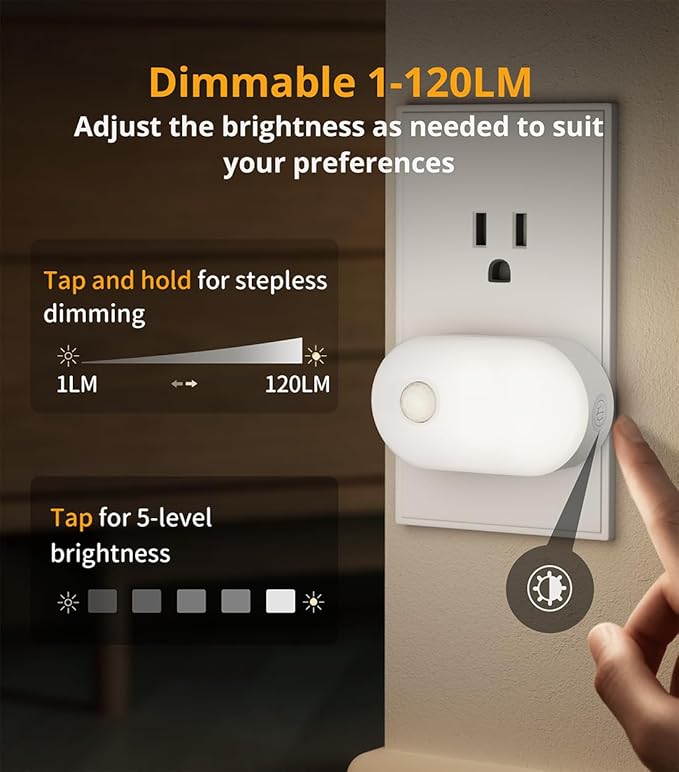 Lyridz 120LM Ultra Bright Plug-in Motion Sensor Night Light, Stepless Dimmable LED Nightlight, Always-On and Auto-Off, for Hallway, Stairs, Bathroom, Bedroom, Garage, Cool White (6-Pack)