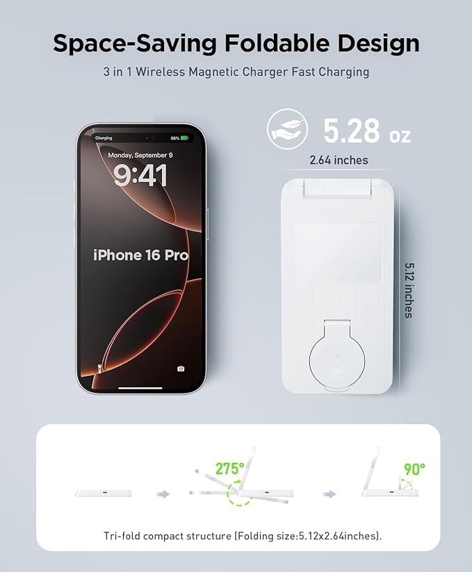 3 in 1 Magnetic Wireless for iPhone Charging Station: Foldable Portable Charger for iPhone 17-12 Pro Max & Apple Watch & AirPods, for Apple Multiple Devices Charger for Home,Office&Travel