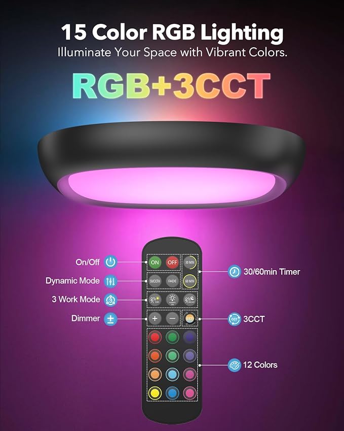 Motion Sensor Rechargeable Ceiling Light with Remote, 550LM 12000mAh Wireless Shower Lights for Inside Shower Battery Operated RGB Closet Light Sensored LED Overhead Lighting No Wiring for Garage