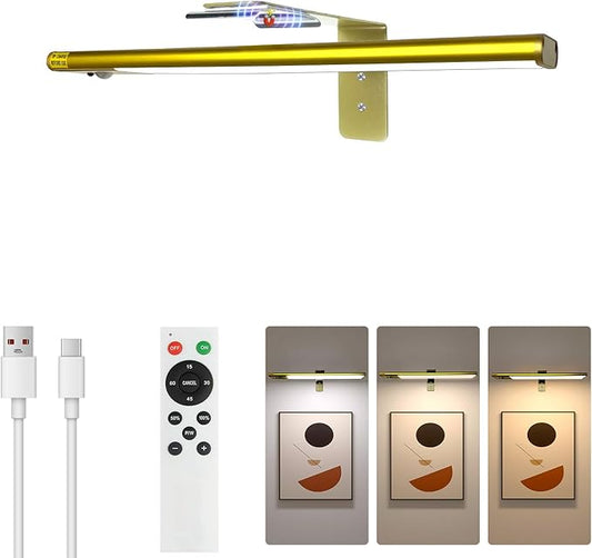 12" Picture Lights for Wall, Motion Sensor Rechargable Picture Light , Magnetic LED Art Painting Light with Timer, Remote & Dimmable Wall Lighting for Gallery, Paintings, Portraits, Bedroom (Gold)