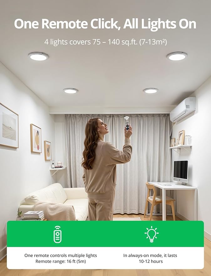 Bojim 4 Pack Rechargeable Motion Sensor Ceiling Light with Remote Wireless Magnetic LED Lights, Battery Operated Stick On Ceiling Shower Lights Renter Friendly for Closet Bedroom Hallway