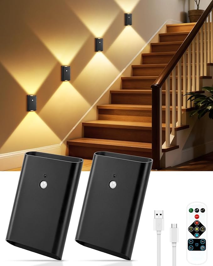 Rechargeable Motion Sensor Wall Sconce Set of 2 – 5000mAh Wireless Battery Operated Wall Light Indoor, 3 Colors Up/Down Lighting Magnetic Night Light with Remote Control for Bedroom, Hallway (Black)