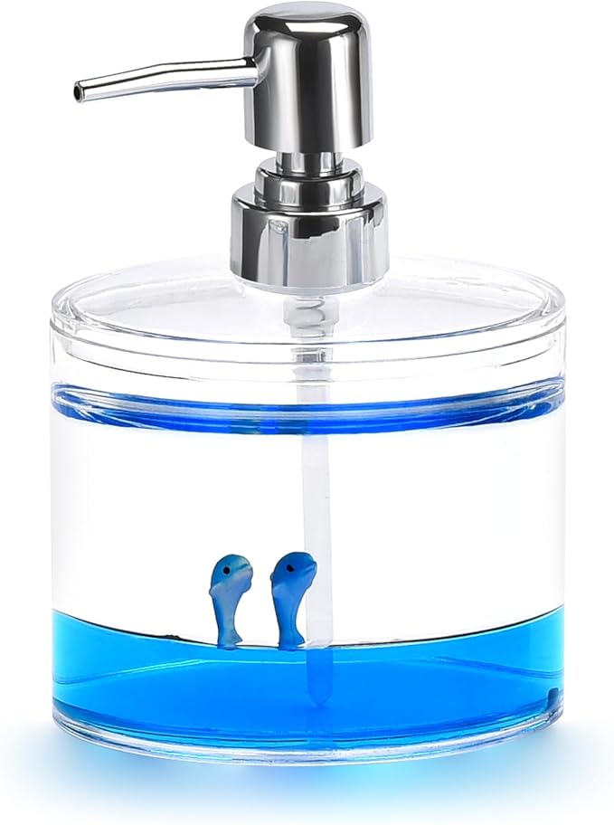 Locco Decor 4 Piece Acrylic Liquid 3D Floating Motion Bathroom Vanity Accessory Set Ocean Cartoon Animal Theme Dolphin Toothbrush Holder, Tumbler, Soap Dispenser, Soap Dis