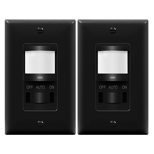 TOPGREENER Occupancy/Vacancy PIR Motion Sensor Light Switch, Learning Function, No Neutral No Ground Required, 200W Incandescent / 150W LED Load, UL Listed, Wall Plate Included, Black, 2 Pack