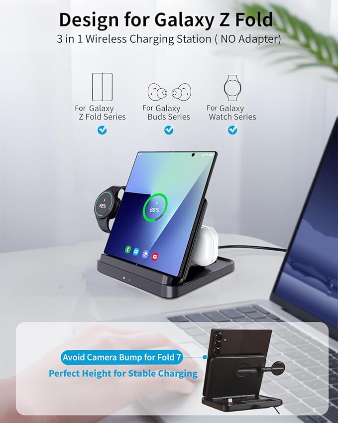 for Samsung Galaxy Z Fold 7 6 5 4 Wireless Charger Station, Foldable 3 in 1 Wireless Charging Stand for S26 Ultra S25 Flip 7 /Galaxy Watch/Galaxy Buds, Charger Stand Dock for Travel