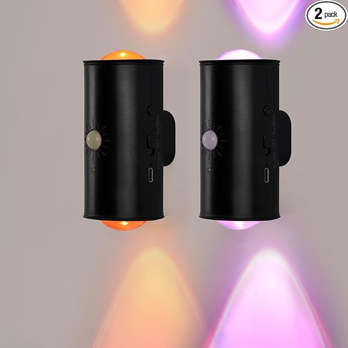 LED Wireless Wall Sconce with Remote, 16 Colors Changing, Motion Sensor Light Indoor, Dimmable, 1500mAh Rechargeable Battery Operated Wall Sconces for Hallway, Stairway, Bedroom, Black, 2-Pack